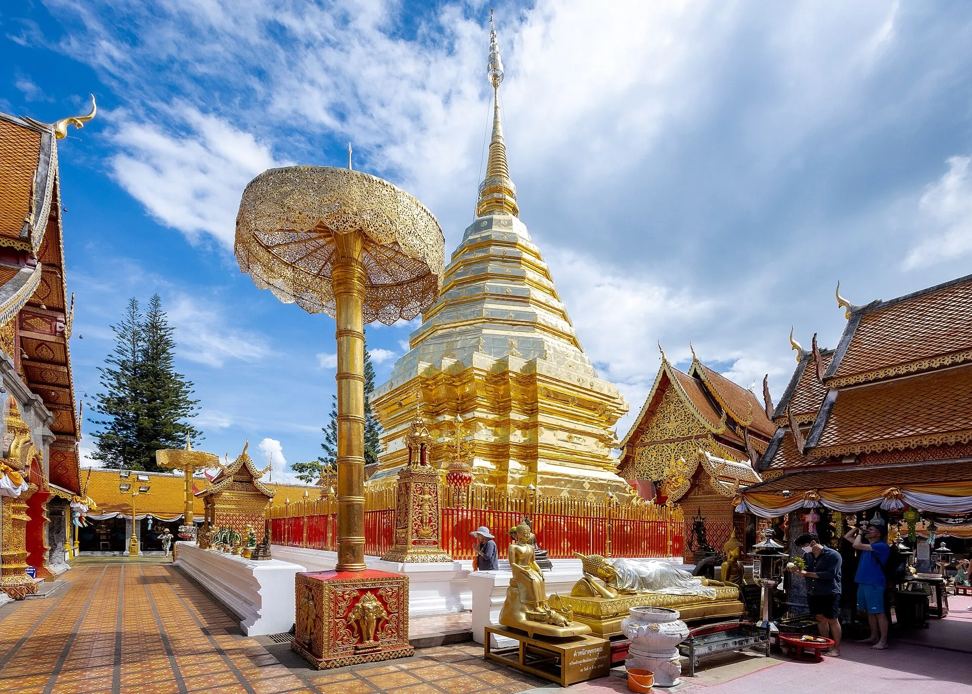 ภาพเจดีย์ทองของวัดพระธาตุดอยสุเทพ มีฉัตรและวิหารล้านนาโดยรอบ
